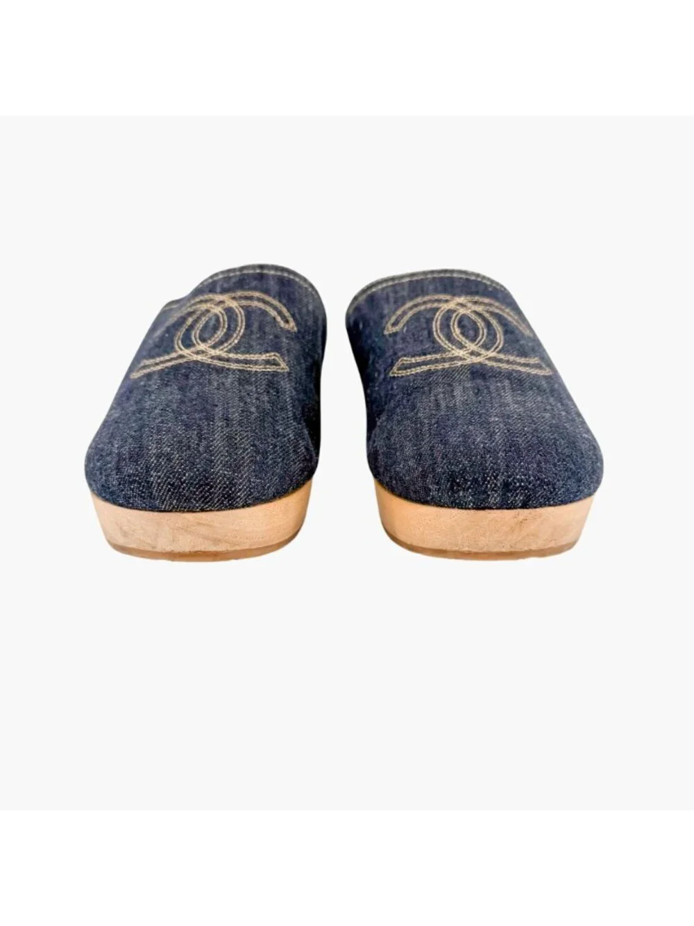 Chanel Denim CC Clogs Navy Blue Platform Mules Wooden Size 41 US 10-10.5 Women’s